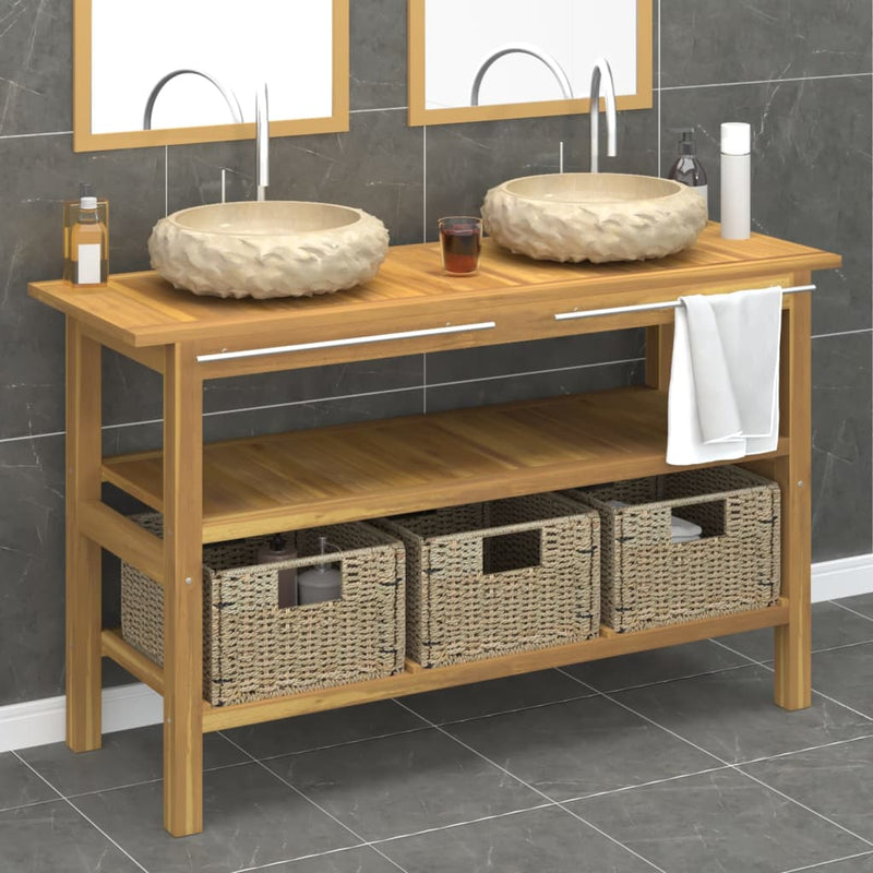 Bathroom Vanity Cabinet with Cream Marble Sinks Solid Wood Teak