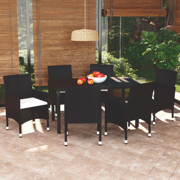 7 Piece Patio Dining Set with Cushions Poly Rattan Black