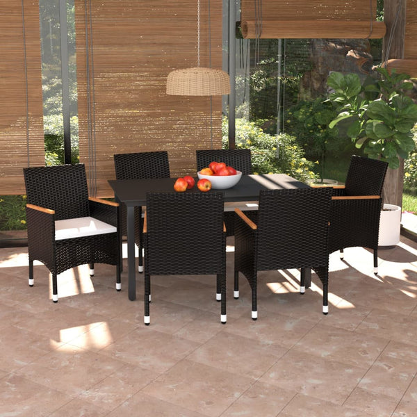 7 Piece Patio Dining Set with Cushions Poly Rattan Black