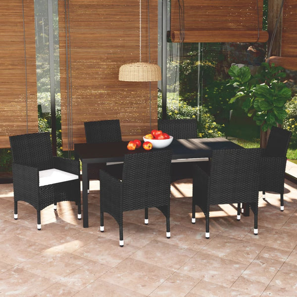 7 Piece Patio Dining Set with Cushions Poly Rattan Black