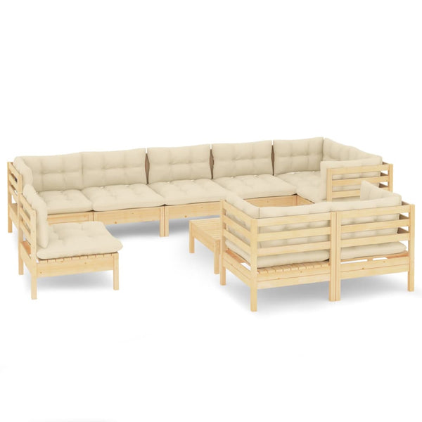 10 Piece Patio Lounge Set with Cream Cushions Solid Pinewood