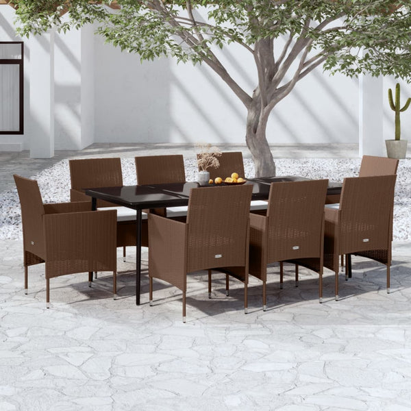 9 Piece Patio Dining Set with Cushions Brown and Black