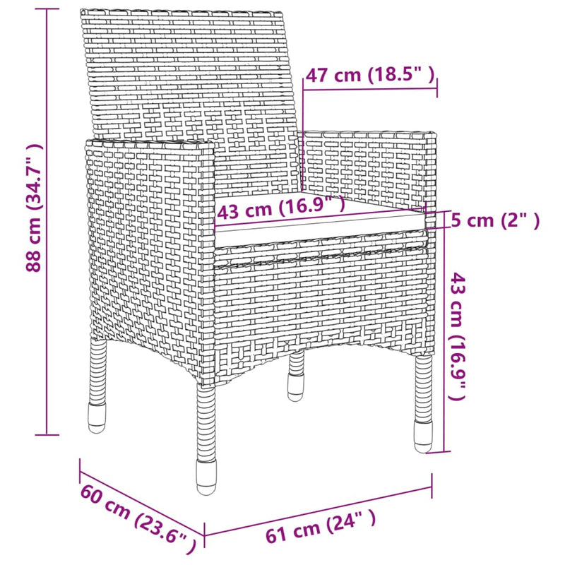 3 Piece Patio Dining Set with Cushions Poly Rattan and Glass