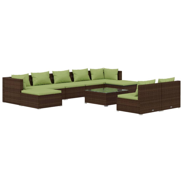 10 Piece Patio Lounge Set with Cushions Brown Poly Rattan