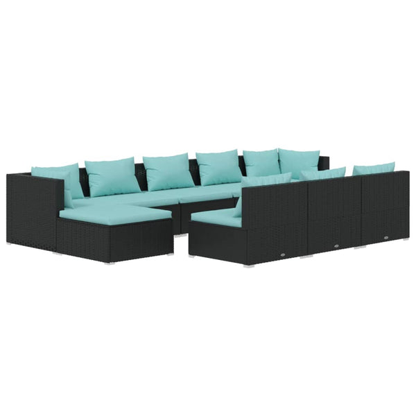 10 Piece Patio Lounge Set with Cushions Black Poly Rattan