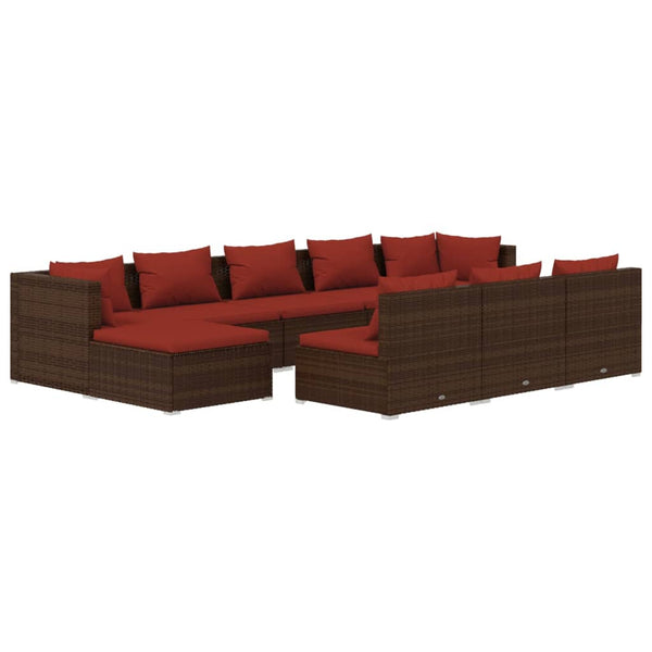 10 Piece Patio Lounge Set with Cushions Brown Poly Rattan