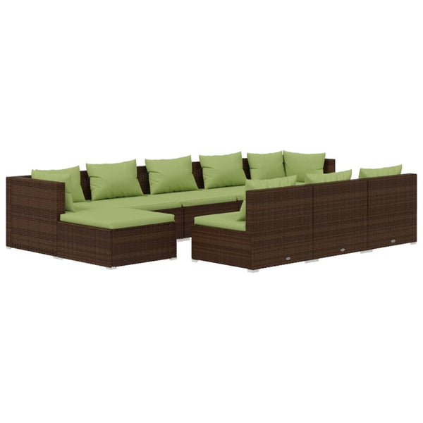 10 Piece Patio Lounge Set with Cushions Brown Poly Rattan