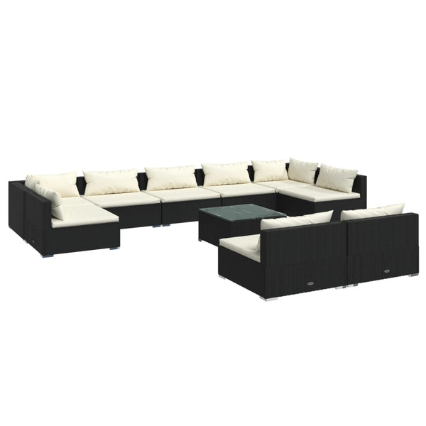 10 Piece Patio Lounge Set with Cushions Black Poly Rattan