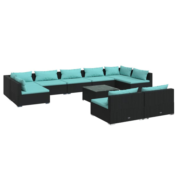 10 Piece Patio Lounge Set with Cushions Black Poly Rattan