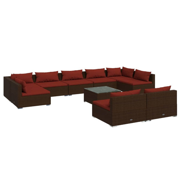 10 Piece Patio Lounge Set with Cushions Brown Poly Rattan