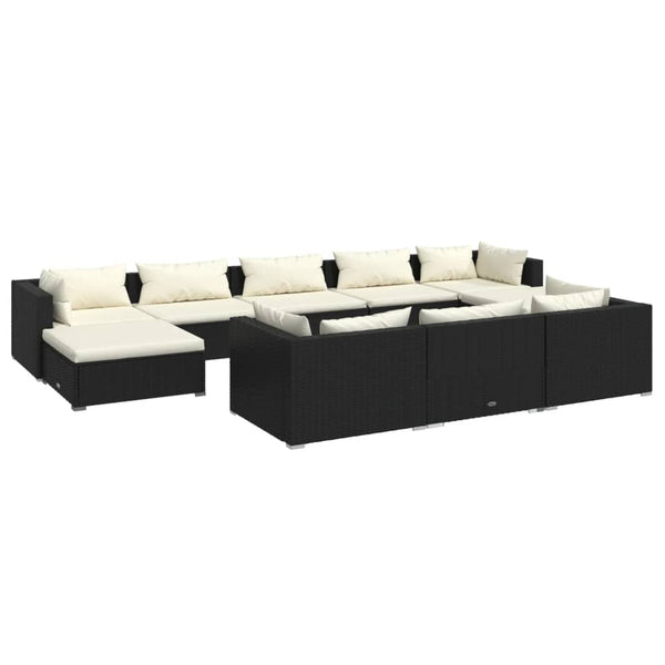 10 Piece Patio Lounge Set with Cushions Black Poly Rattan