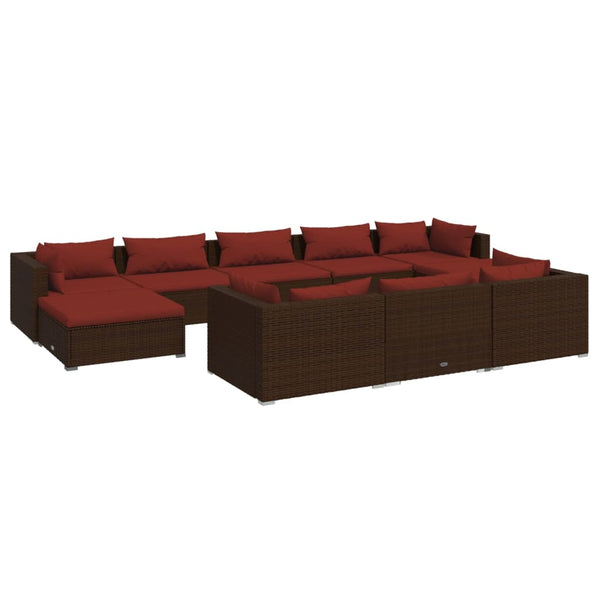 10 Piece Patio Lounge Set with Cushions Brown Poly Rattan