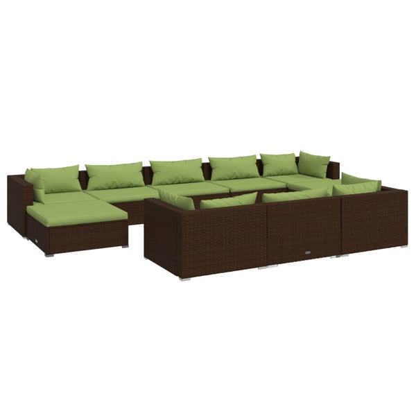 10 Piece Patio Lounge Set with Cushions Brown Poly Rattan