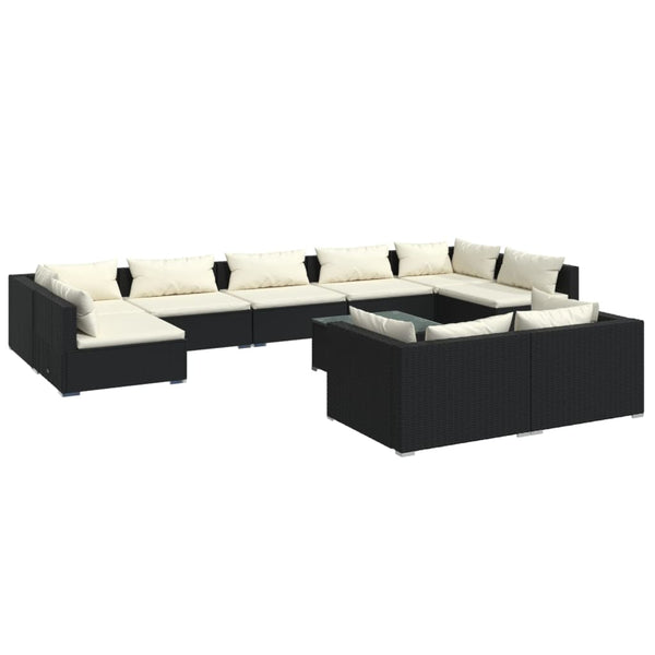 10 Piece Patio Lounge Set with Cushions Black Poly Rattan