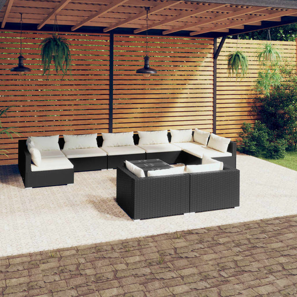 10 Piece Patio Lounge Set with Cushions Black Poly Rattan