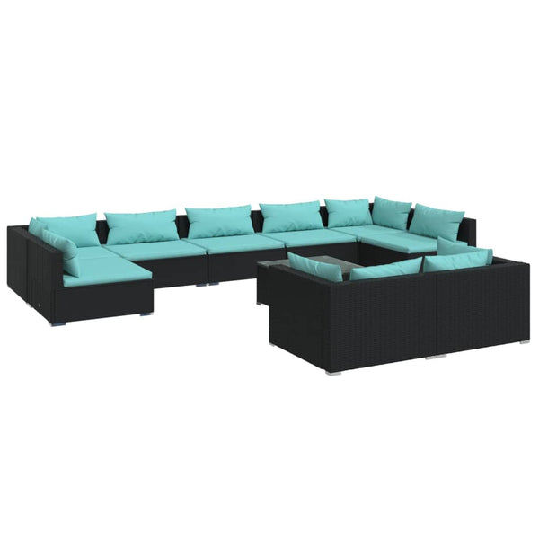 10 Piece Patio Lounge Set with Cushions Black Poly Rattan