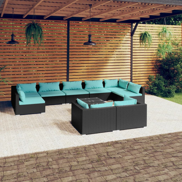 10 Piece Patio Lounge Set with Cushions Black Poly Rattan