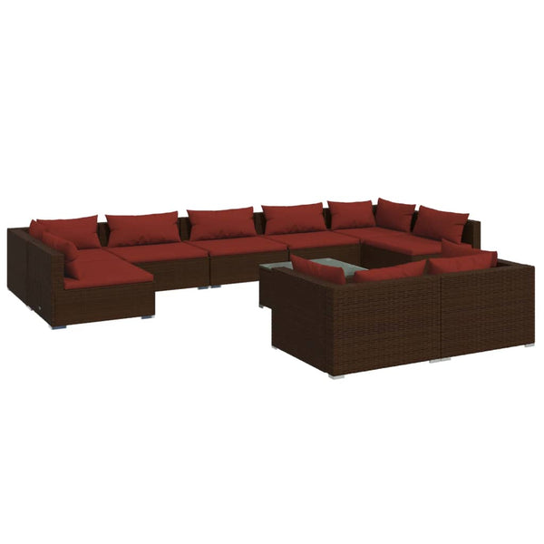 10 Piece Patio Lounge Set with Cushions Brown Poly Rattan