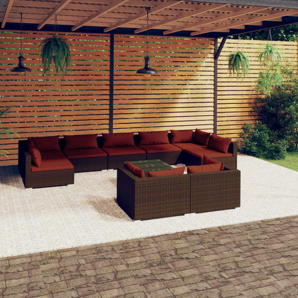 10 Piece Patio Lounge Set with Cushions Brown Poly Rattan