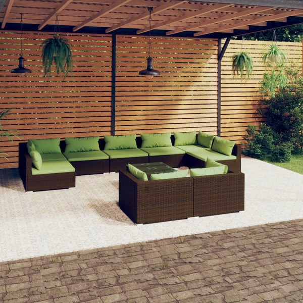 10 Piece Patio Lounge Set with Cushions Brown Poly Rattan