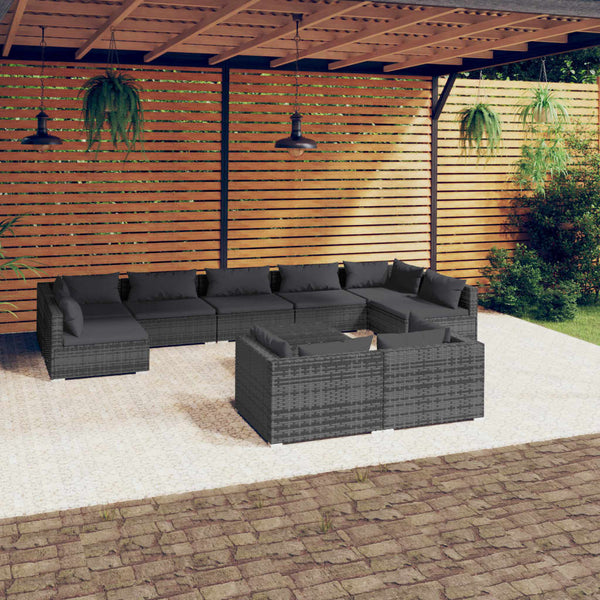 10 Piece Patio Lounge Set with Cushions Gray Poly Rattan