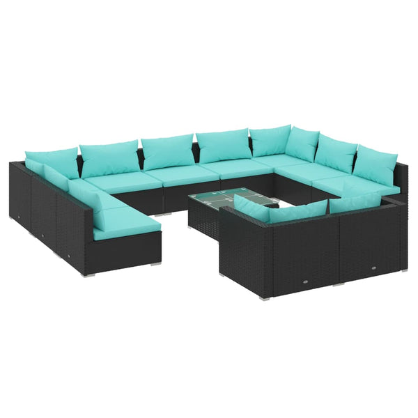 12 Piece Patio Lounge Set with Cushions Black Poly Rattan