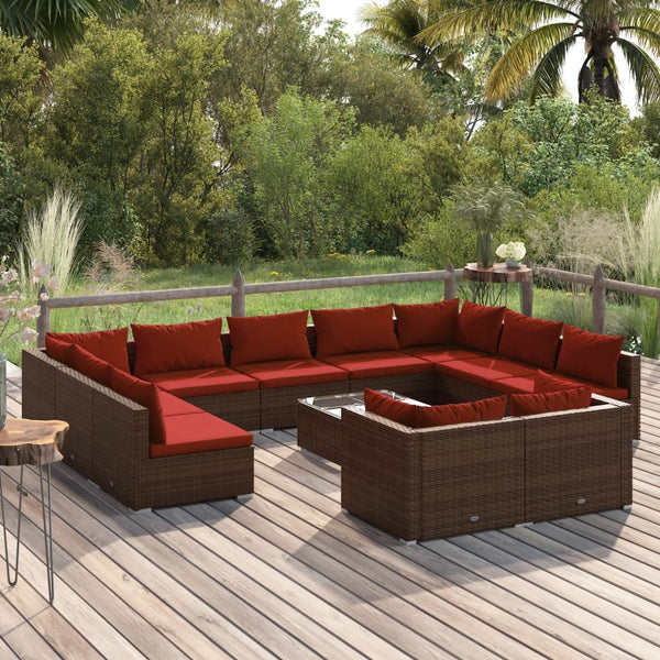 12 Piece Patio Lounge Set with Cushions Brown Poly Rattan