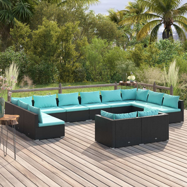 12 Piece Patio Lounge Set with Cushions Black Poly Rattan