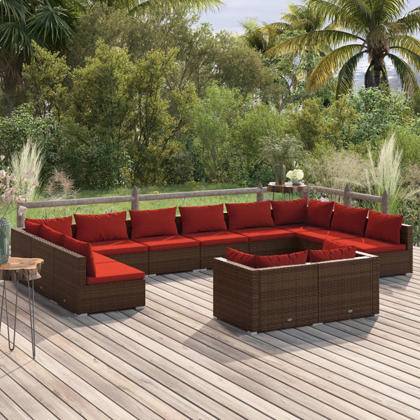 12 Piece Patio Lounge Set with Cushions Brown Poly Rattan