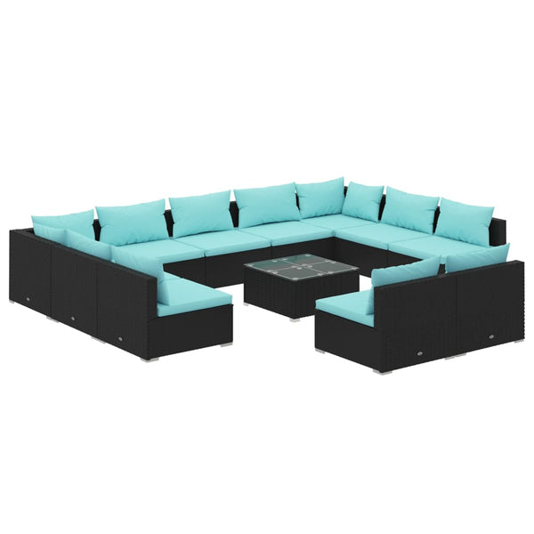 12 Piece Patio Lounge Set with Cushions Black Poly Rattan