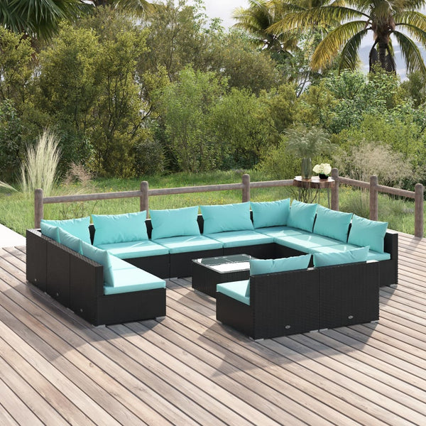 12 Piece Patio Lounge Set with Cushions Black Poly Rattan