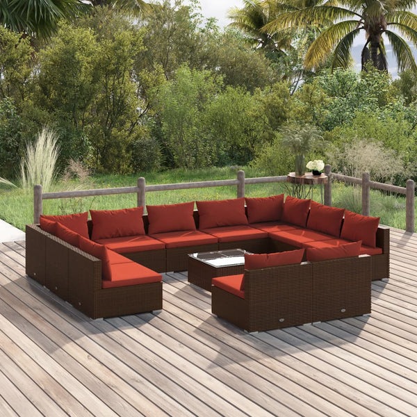 12 Piece Patio Lounge Set with Cushions Brown Poly Rattan