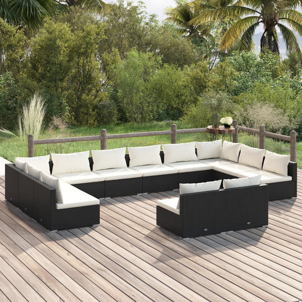 12 Piece Patio Lounge Set with Cushions Black Poly Rattan