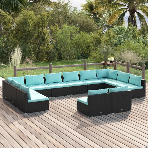 12 Piece Patio Lounge Set with Cushions Black Poly Rattan