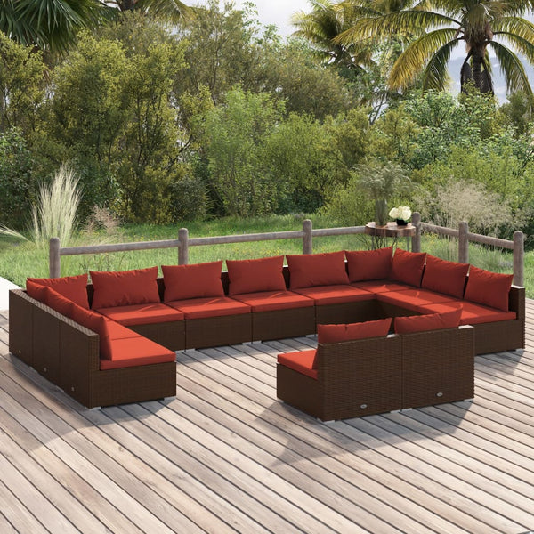 12 Piece Patio Lounge Set with Cushions Brown Poly Rattan