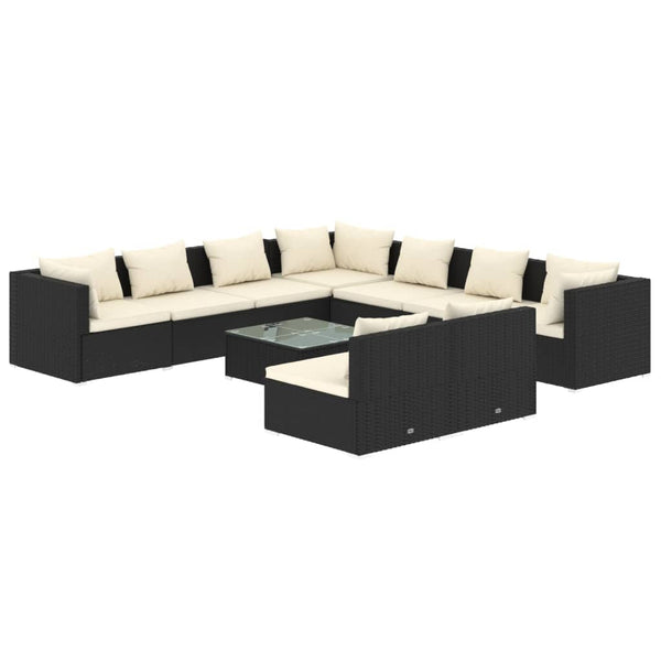 10 Piece Patio Lounge Set with Cushions Black Poly Rattan