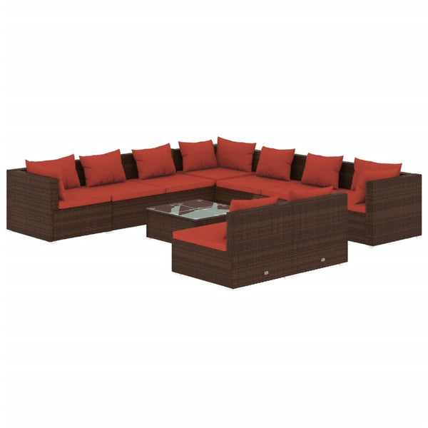 10 Piece Patio Lounge Set with Cushions Brown Poly Rattan