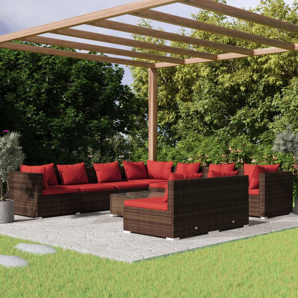 10 Piece Patio Lounge Set with Cushions Brown Poly Rattan