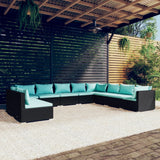 10 Piece Patio Lounge Set with Cushions Black Poly Rattan