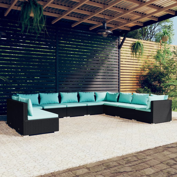 10 Piece Patio Lounge Set with Cushions Black Poly Rattan