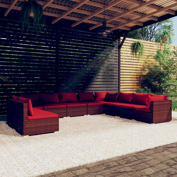 10 Piece Patio Lounge Set with Cushions Brown Poly Rattan