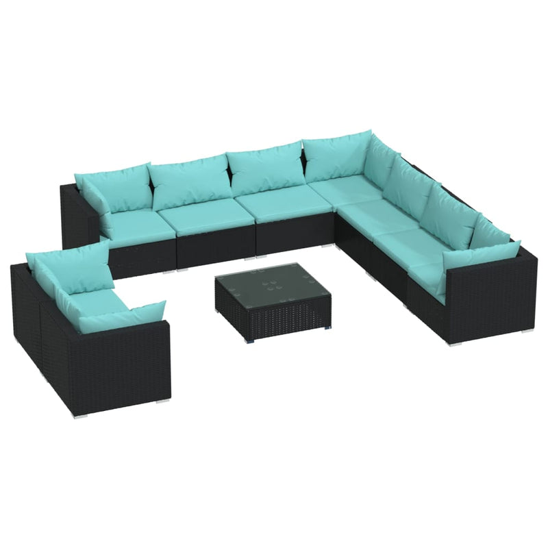 10 Piece Patio Lounge Set with Cushions Black Poly Rattan