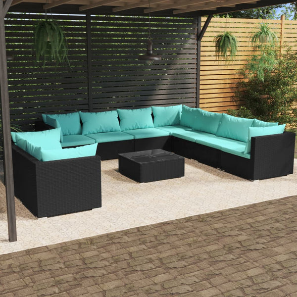 10 Piece Patio Lounge Set with Cushions Black Poly Rattan