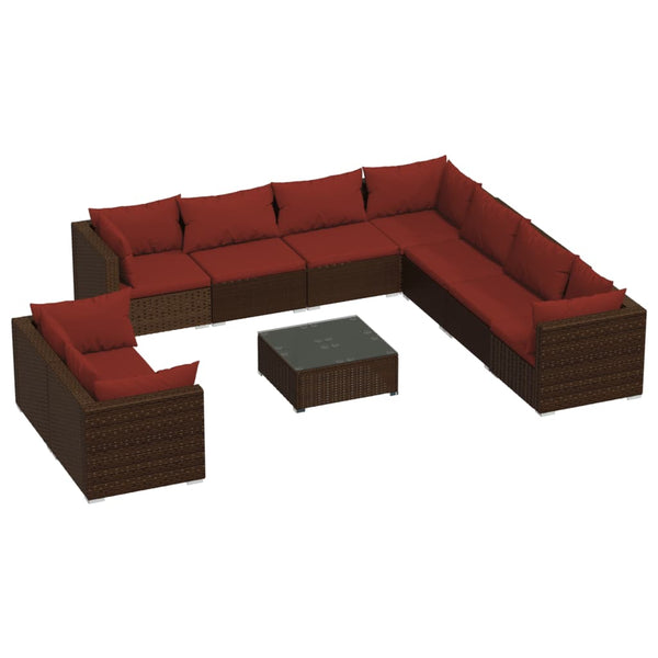 10 Piece Patio Lounge Set with Cushions Brown Poly Rattan