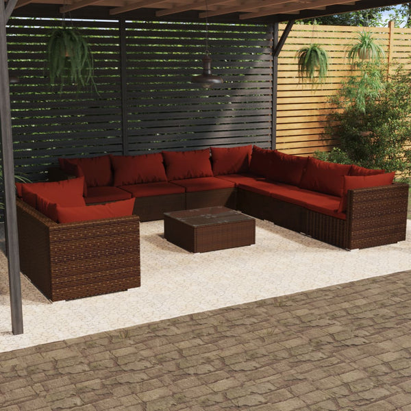 10 Piece Patio Lounge Set with Cushions Brown Poly Rattan