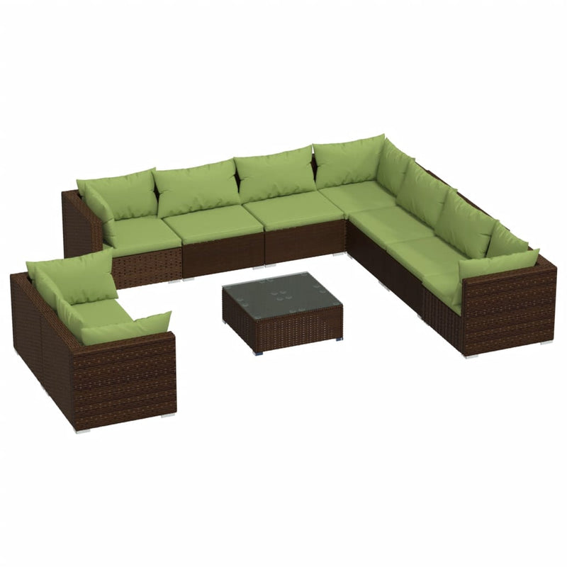 10 Piece Patio Lounge Set with Cushions Brown Poly Rattan