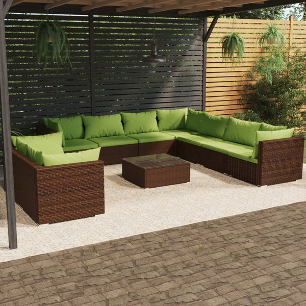 10 Piece Patio Lounge Set with Cushions Brown Poly Rattan