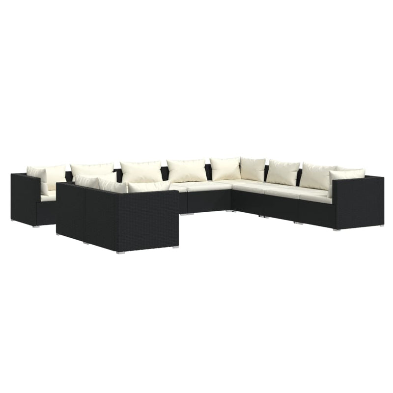 10 Piece Patio Lounge Set with Cushions Black Poly Rattan