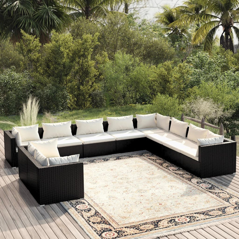 10 Piece Patio Lounge Set with Cushions Black Poly Rattan