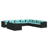 10 Piece Patio Lounge Set with Cushions Black Poly Rattan